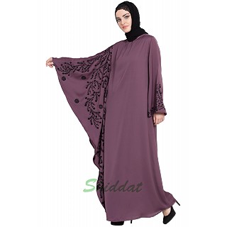 Embroidered abaya with Butterfly sleeves- Plum color